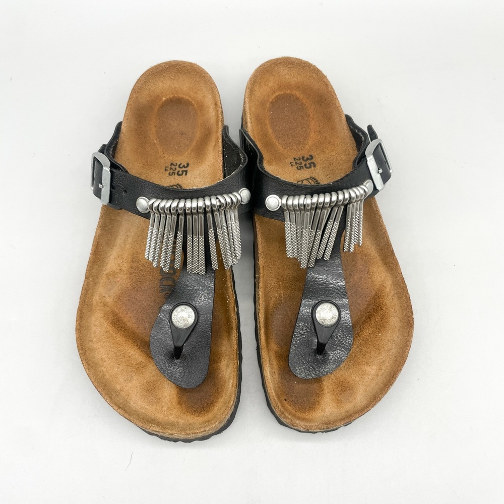 Birkenstock Womens 35 4 Gizeh Fringe Sandals Black Leather Silver Hardware Boho
